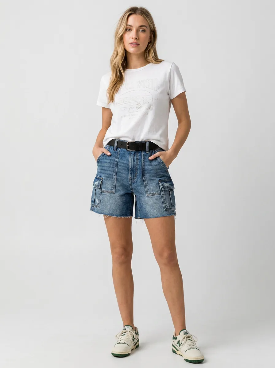 Women's Casual Fashion Distressed Denim Cargo Shorts