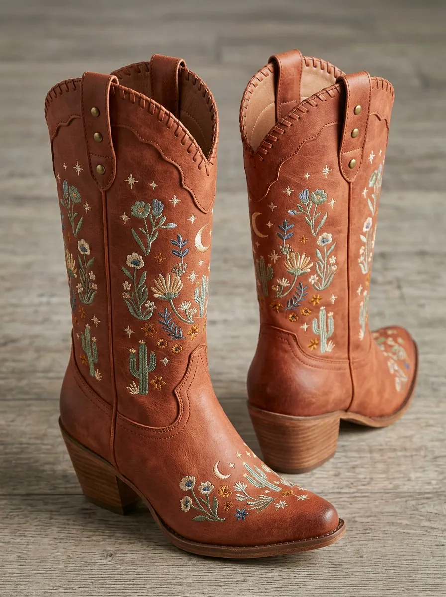 Canyon Cactus Floral Embroidered Finish Unisex Western Cowboy Boots
