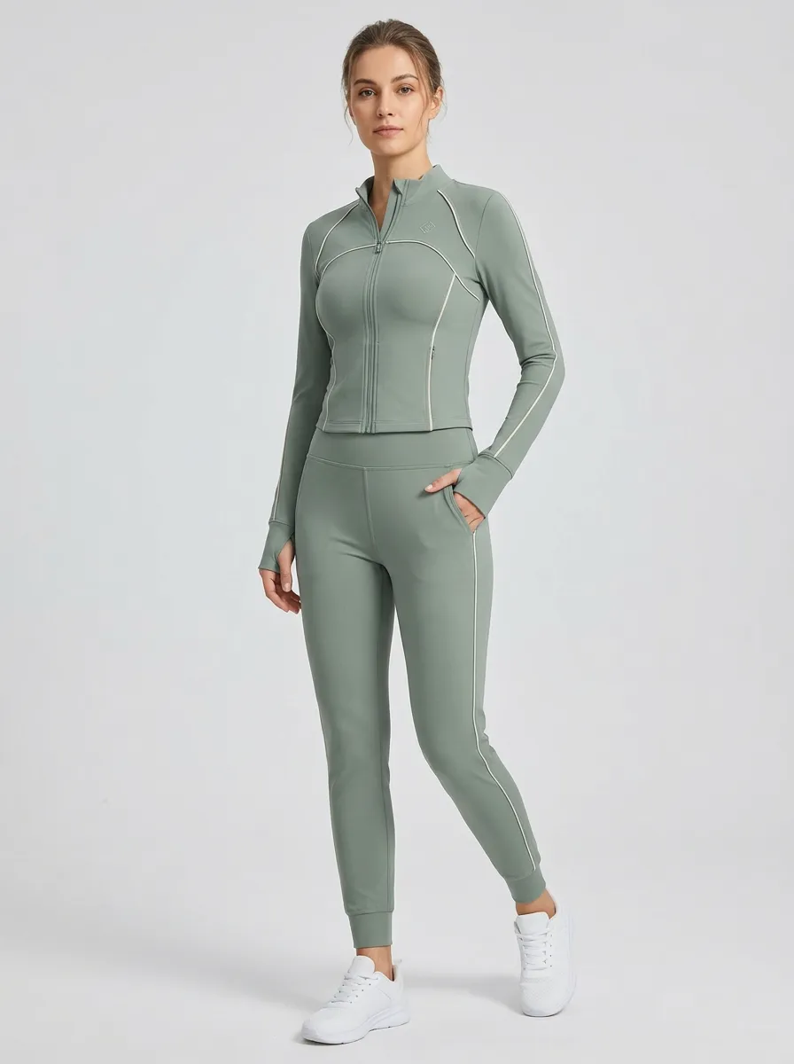 Women's Sage Green Athletic Piping Zip-up Yoga Tracksuit Set