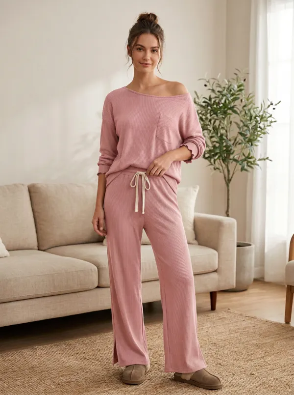 Women's Casual Lounge Sage Green Ribbed Knit Pajama Set