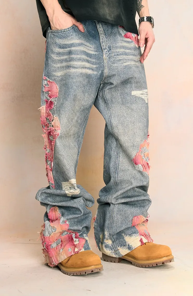 Lace-Embroidered Wide-Leg Jeans