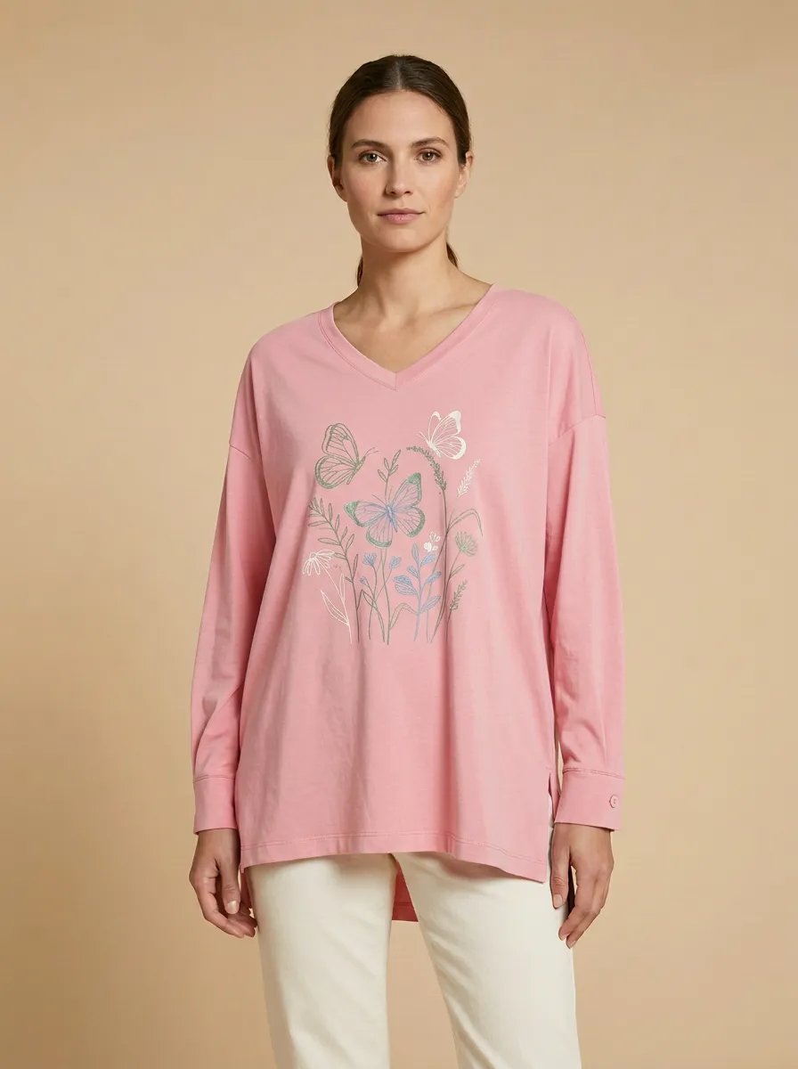 Women's Butterfly Graphic V-Neck Long-Sleeve Top