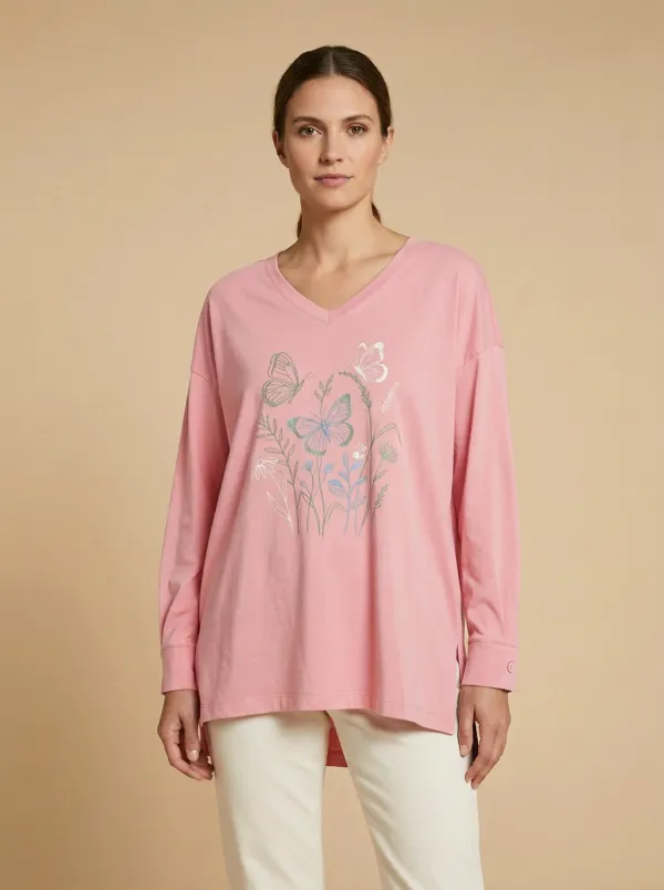 Women's Butterfly Graphic V-Neck Long-Sleeve Top