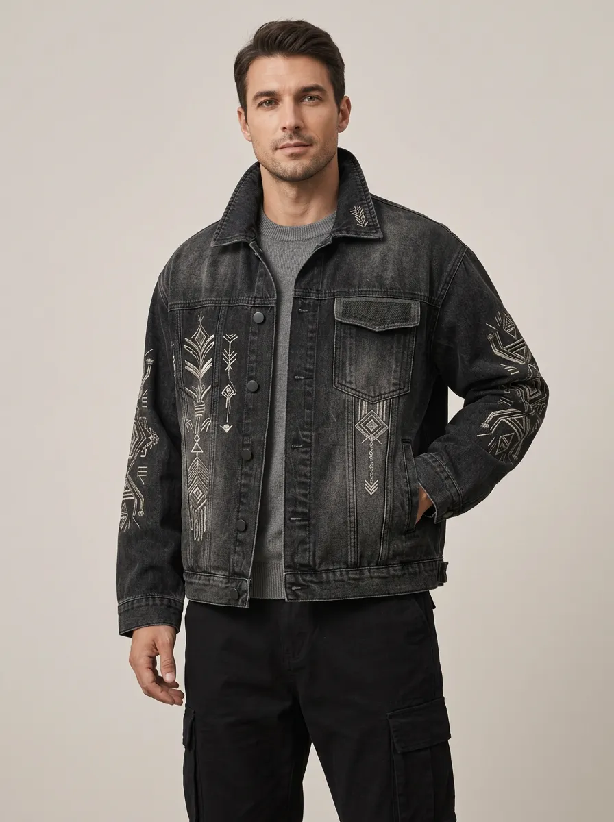 Men's Boho Tribal Embroidered Denim Jacket