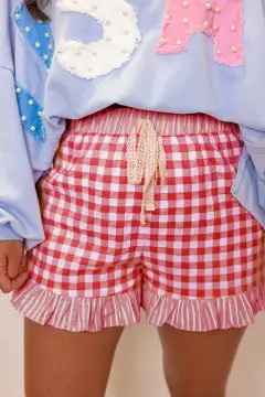 Elastic-Waist Gingham Print Ruffle Striped Detail Lace Tie Shorts