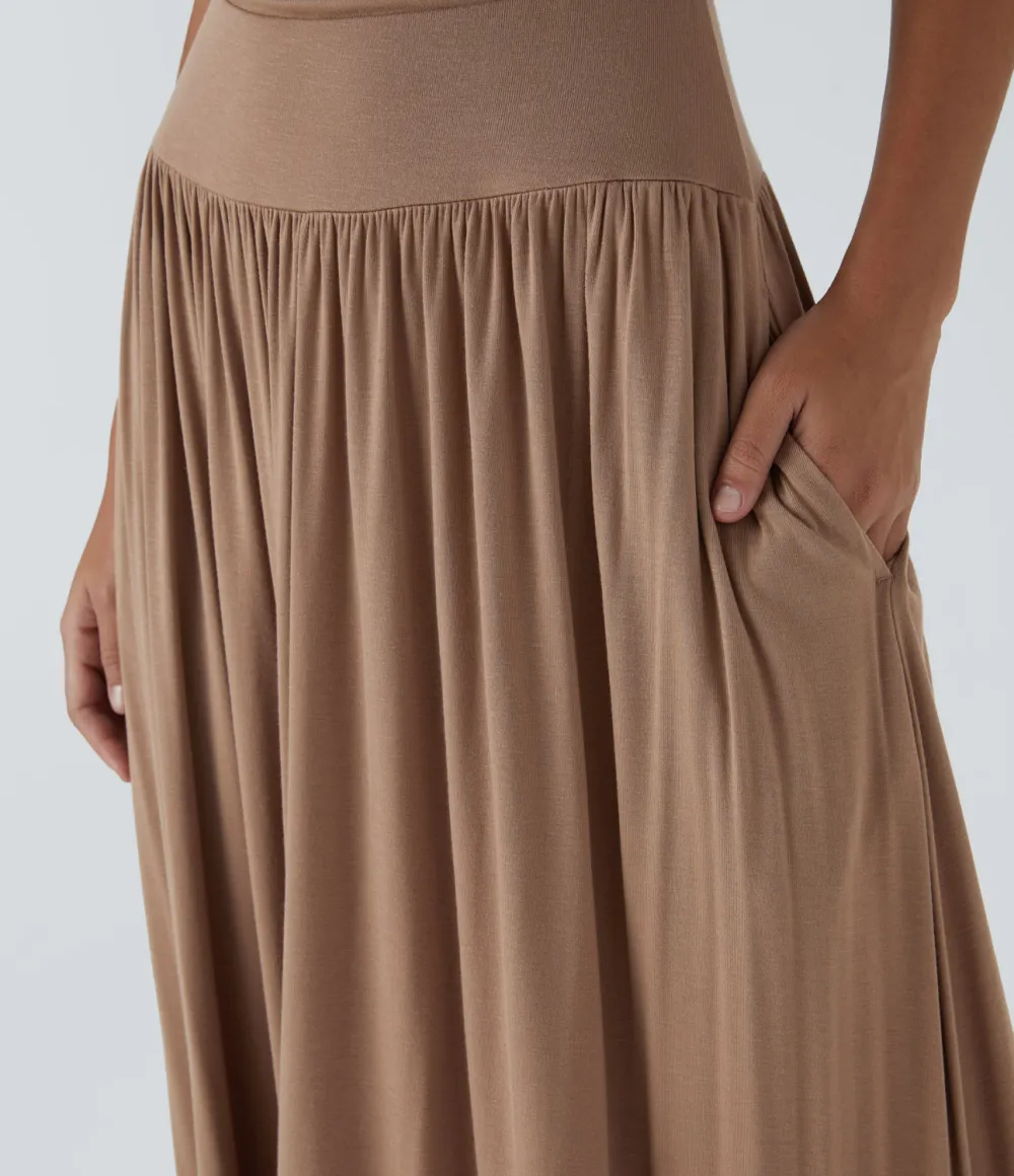 Ribbed Boat Neck Ruched Side Pocket Flowy Maxi Casual Dress