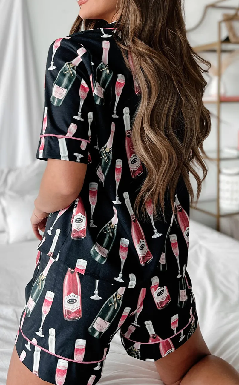 Champagne Print Silky Short Sleeve Pajamas Set
