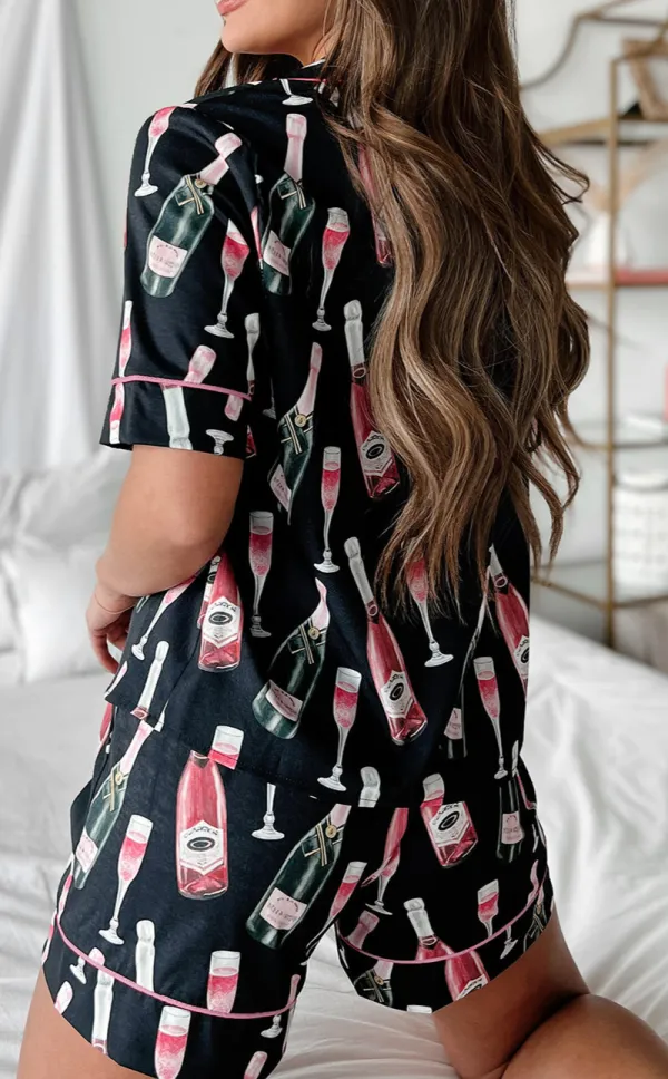 Champagne Print Silky Short Sleeve Pajamas Set