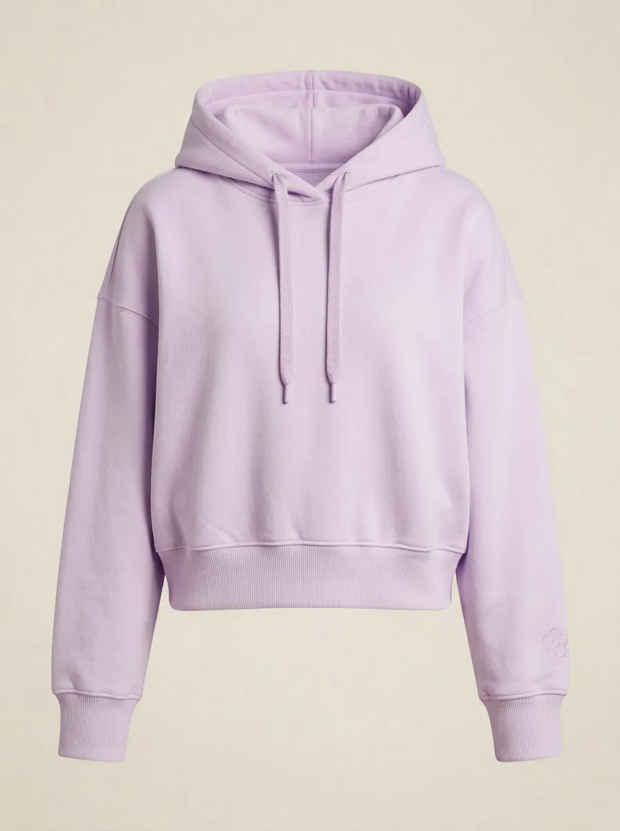 Women's Minimalist Solid Cream Flower Embroidered Hoodie