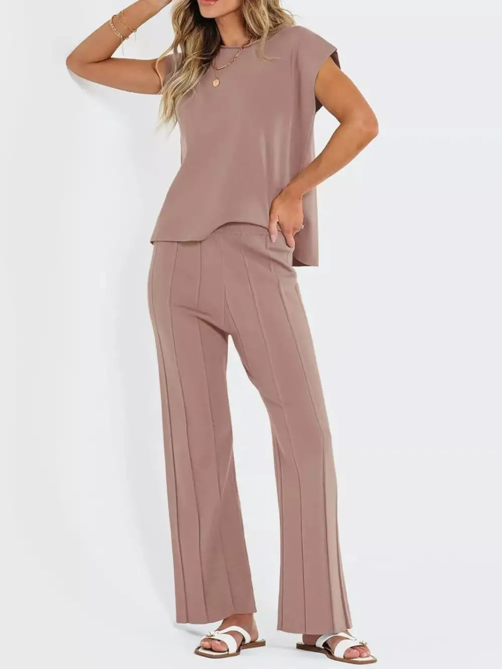 Relaxed Casual Solid Cap Sleeve Top and Pants Knit Set