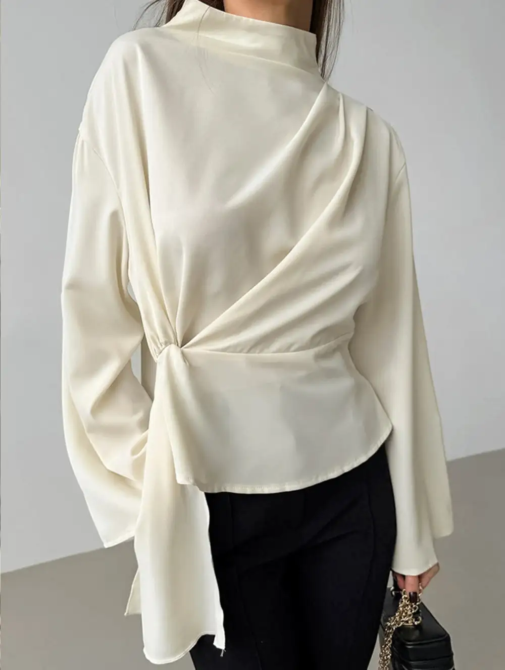 Waist Cinching Long Sleeve Slit Top