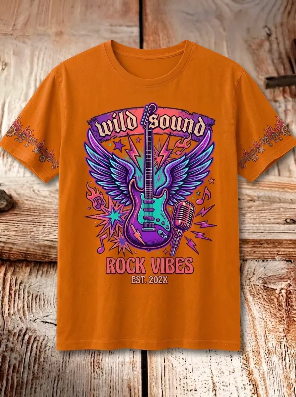 Unisex Rock Music Lover Winged Guitar Microphone Printed T-shirt