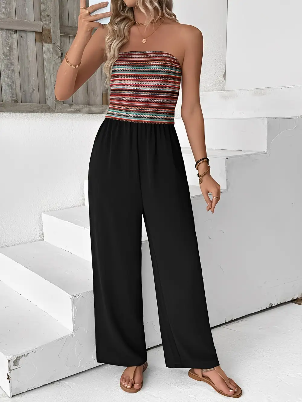 Boho Embroidered Striped Strapless Jumpsuit