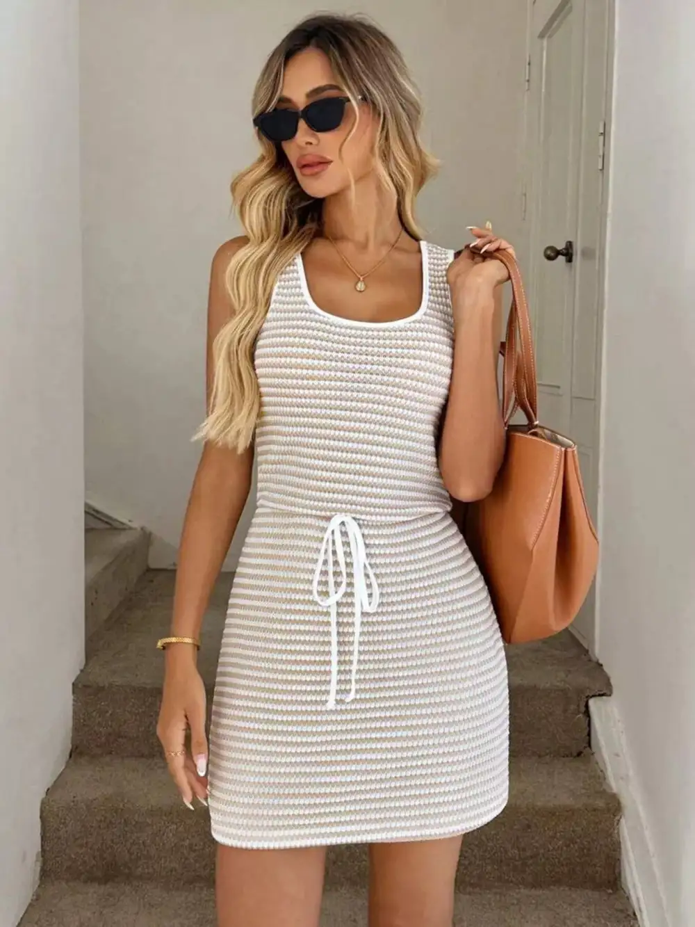 Striped Knit Drawstring Mini Dress