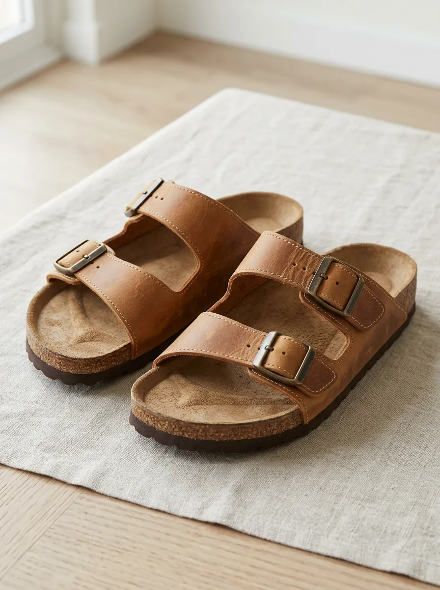 Unisex Double Buckle Classic Leather Cork Sandals
