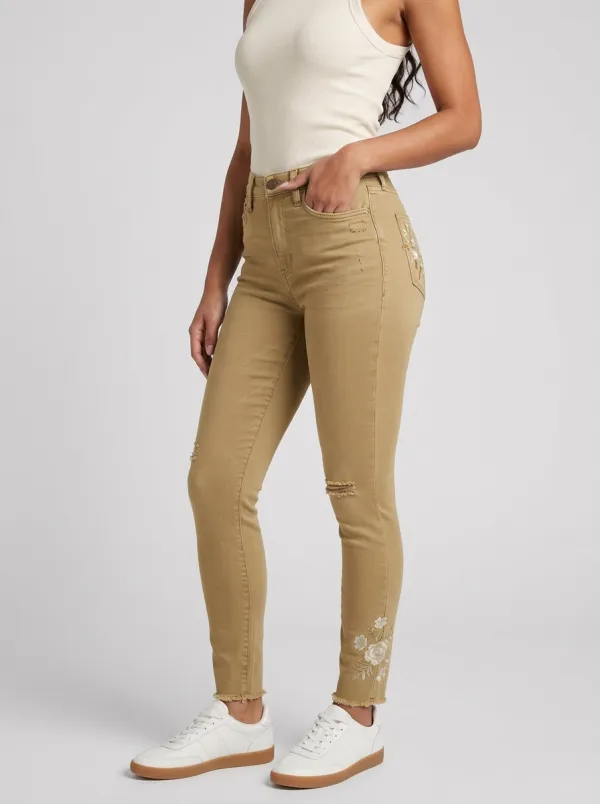 Women's Outpost Floral Embroidery Distressed Printed Slim Jeans