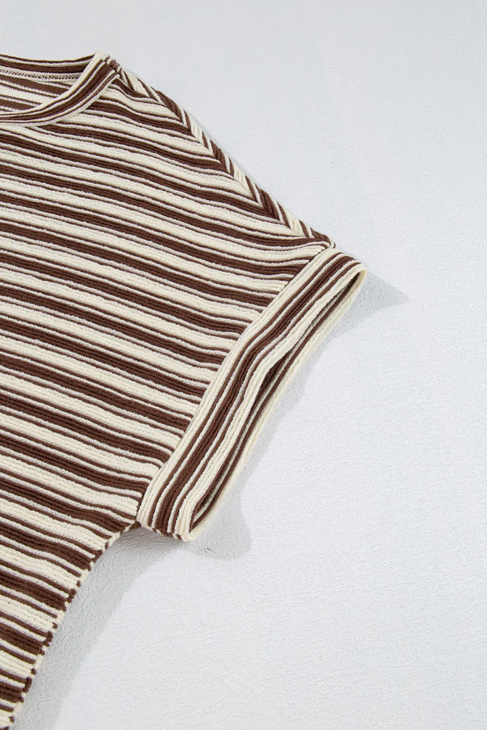Brown Stripe Textured Side Slits Tee