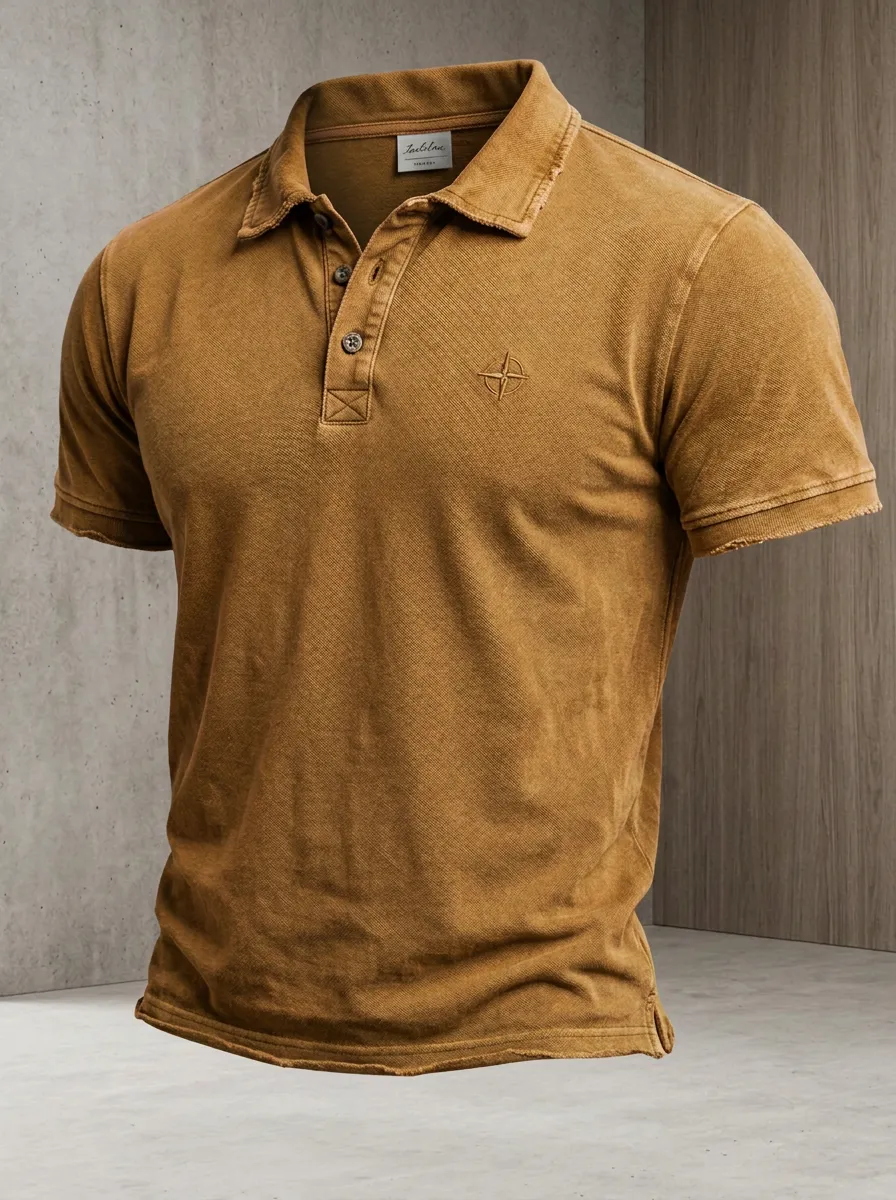 Compass-Detail Embroidered-Detail Vintage-Inspired Men's Polo Shirt