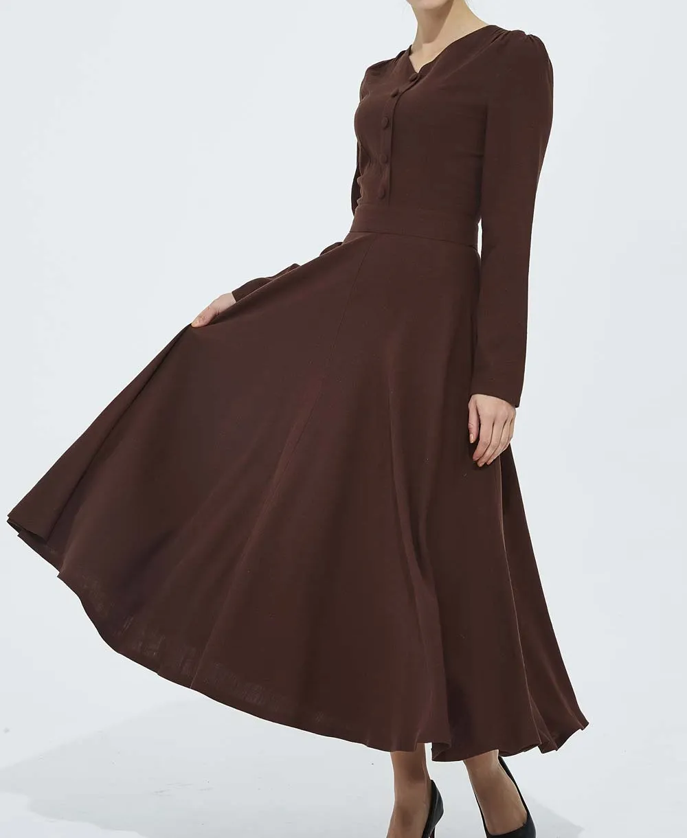 Linen Fit And Flare V Neck Long Sleeve Midi Dress