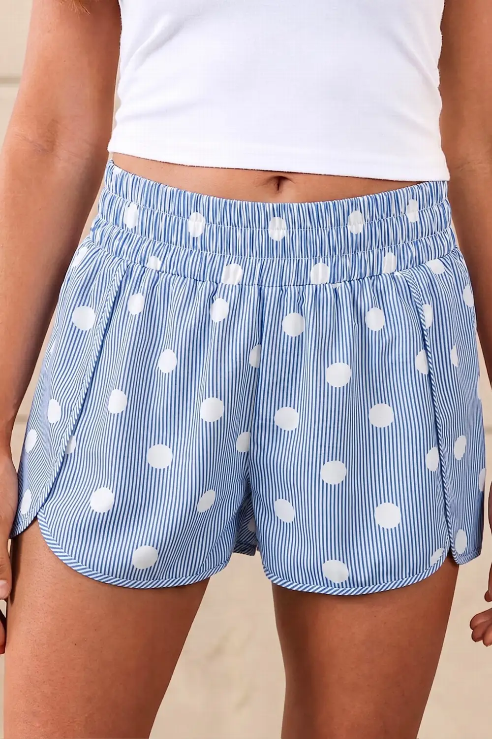 High-Waist Elastic-Waist Shirred-Waist Polka-Dot Casual Shorts