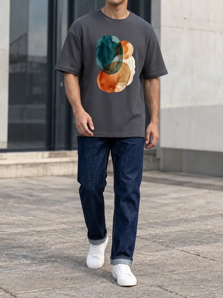 Men's Abstract Art Watercolor Circles Printed T-Shirt and Jeans Set