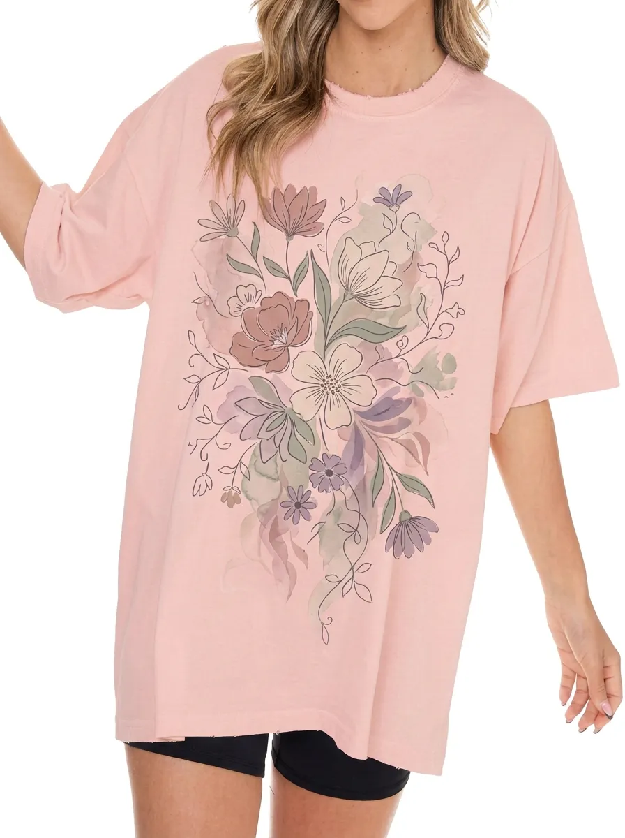 Women's Botanical Floral Watercolor Printed T-shirt