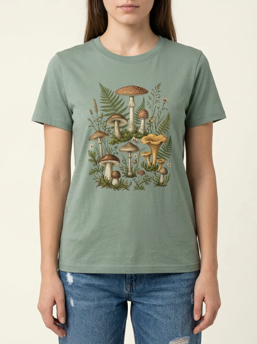Women's Mushroom Forest Lover Botanical Printed T-shirt
