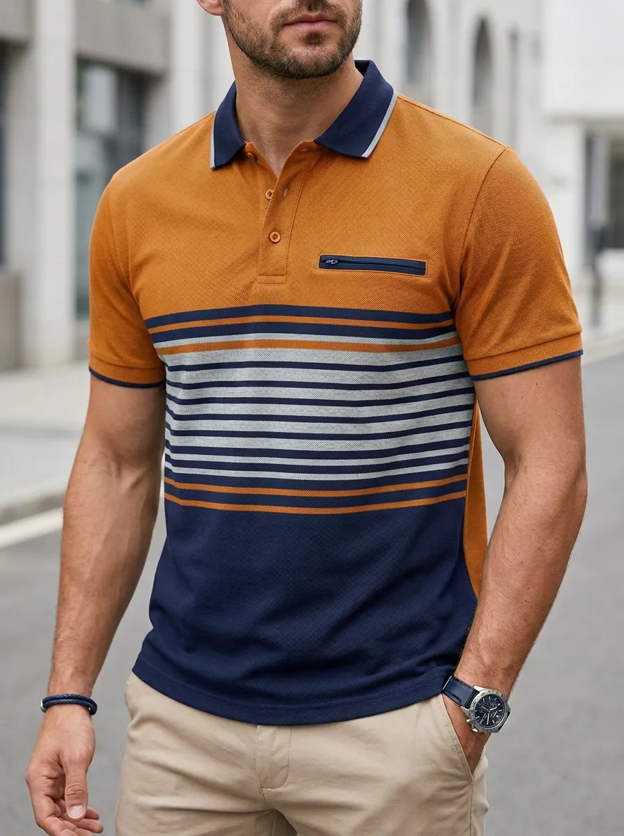 Men's Traditional Colorblock Striped Polo Shirt