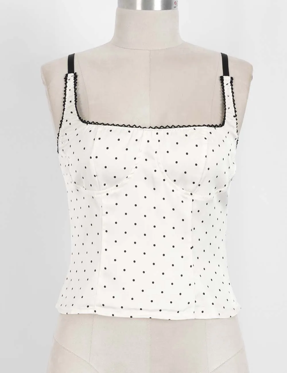 Chic Polka Dot Lace Trim Corset Square Neck Cami Top