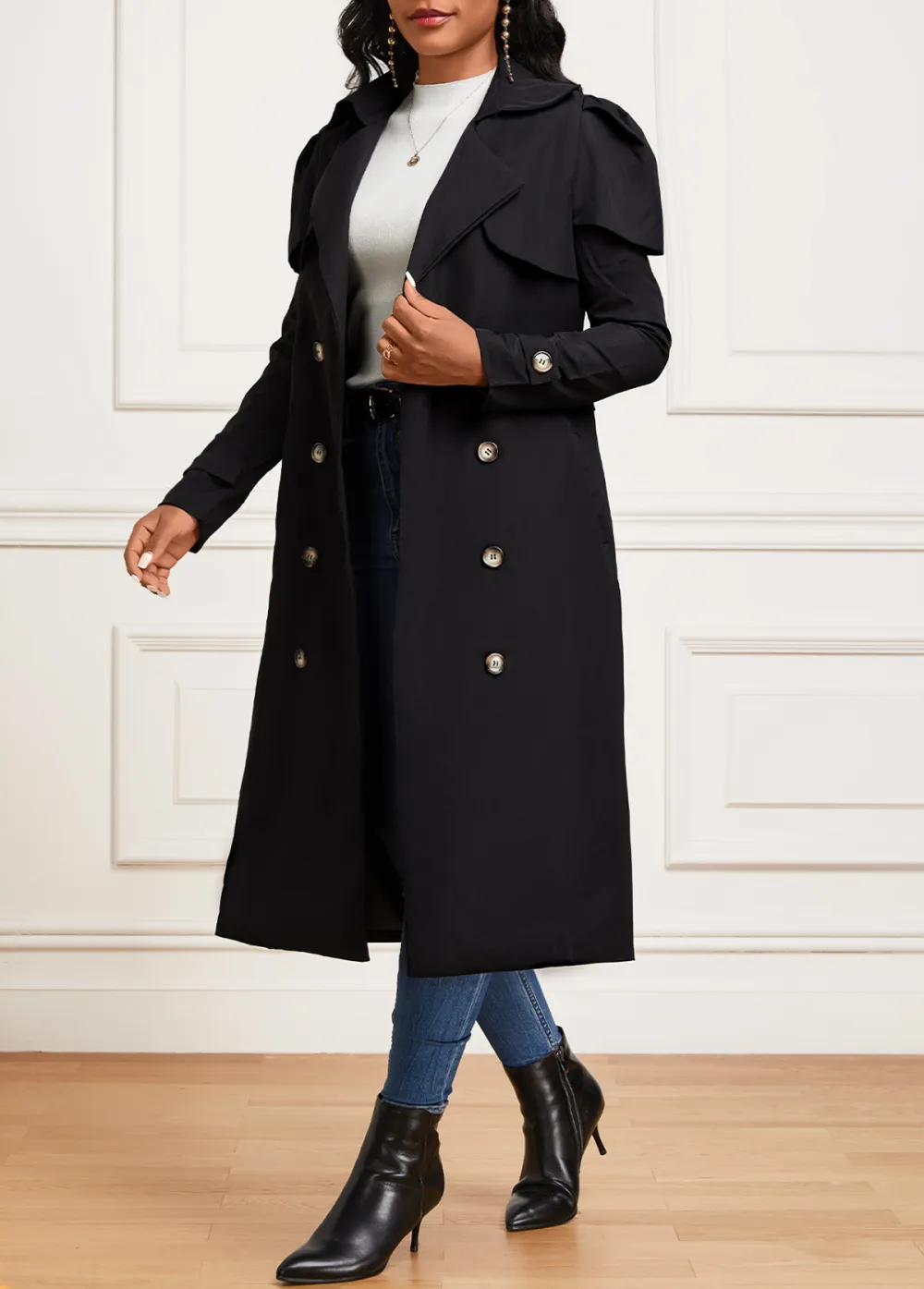Black Pocket Long Sleeve Lapel Trench Coat