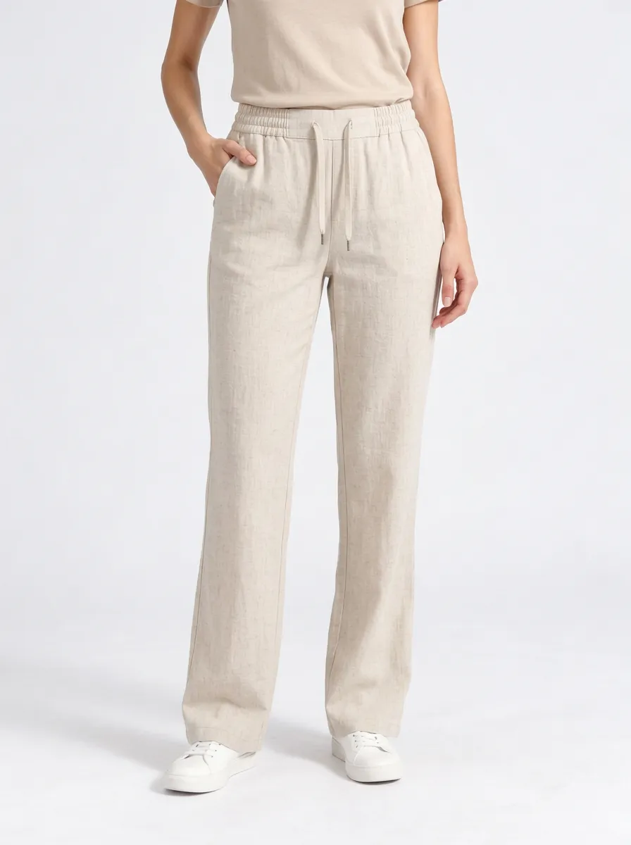 Women's Casual Elastic Waist Trousers in Beige
