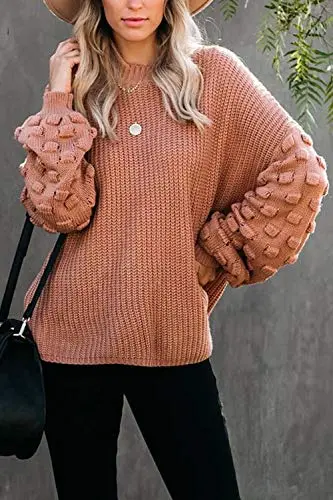 Women's Cute Oversized Crewneck Loose Puff Sleeves Chunky Knit Pullover Sweater