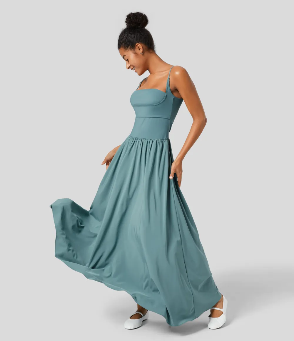Breezeful Backless Side Pocket Plicated Flowy Flare Maxi Quick Dry Casual Slip Dress