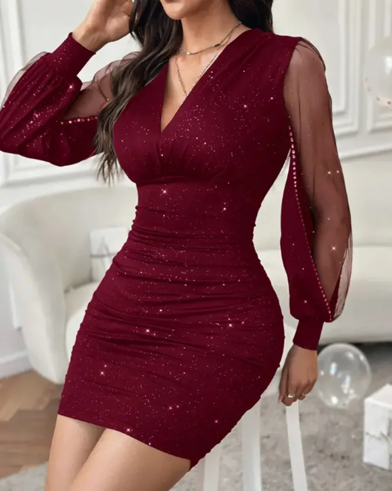 Sheer Mesh Patch Glitter Bodycon Dress
