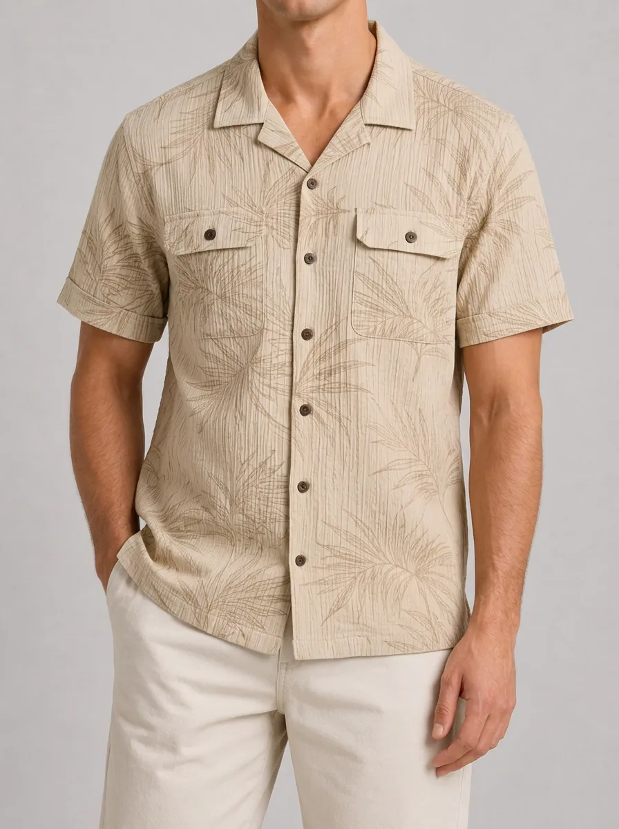 Men's Palm Print Camp Collar Short Sleeve Shirt with Botanical Pattern