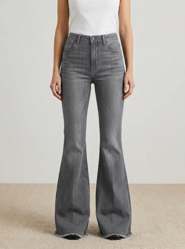 Raw Hem Contrast Stitch Faded Finish Flare Jeans