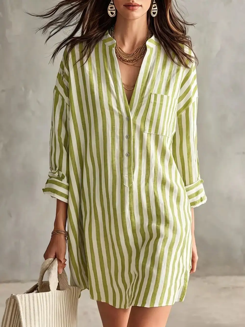 Striped Three Quarter Sleeve Shirt Dress