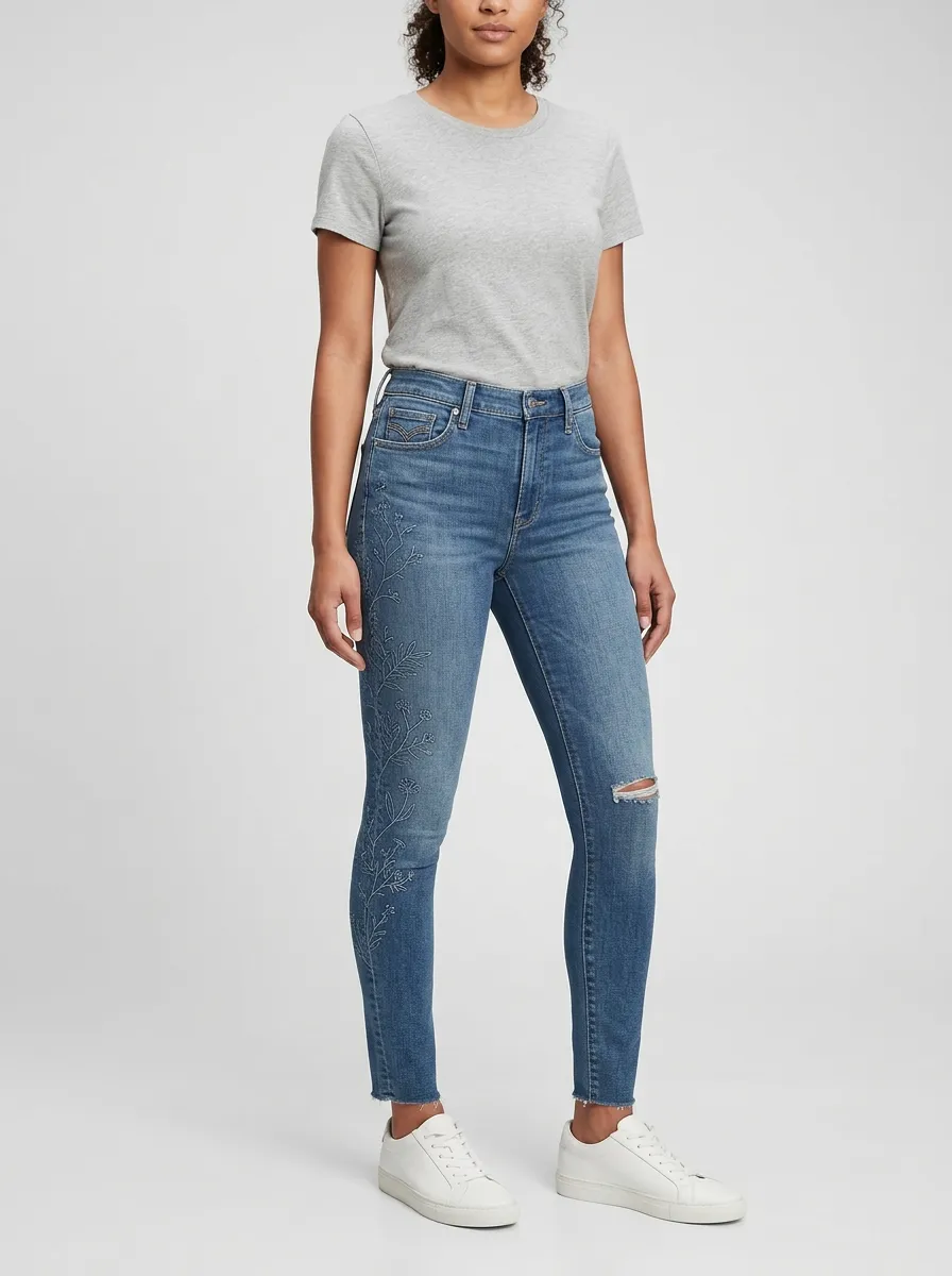 Women's Floral Embroidery Distressed Printed Slim Jeans
