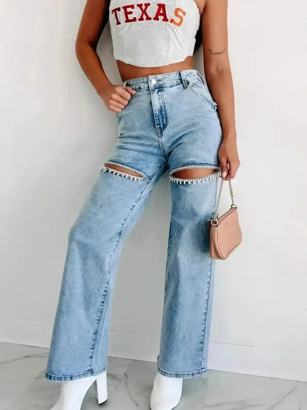Ribbed Elastic Waist Denim Jeans
