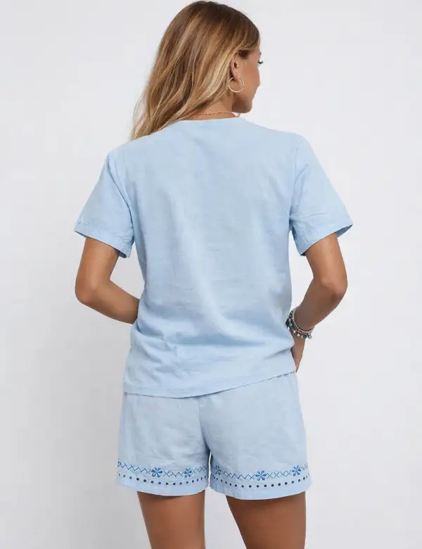 Boho Embroidery Pullover Blouse Shorts Two Piece Set
