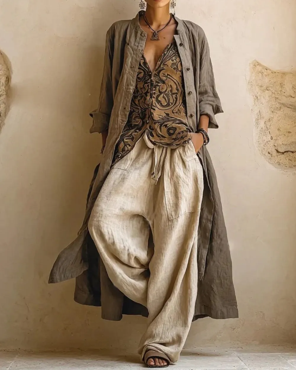 Boho Three-Piece Outfit Printed Top Wide Leg Pants