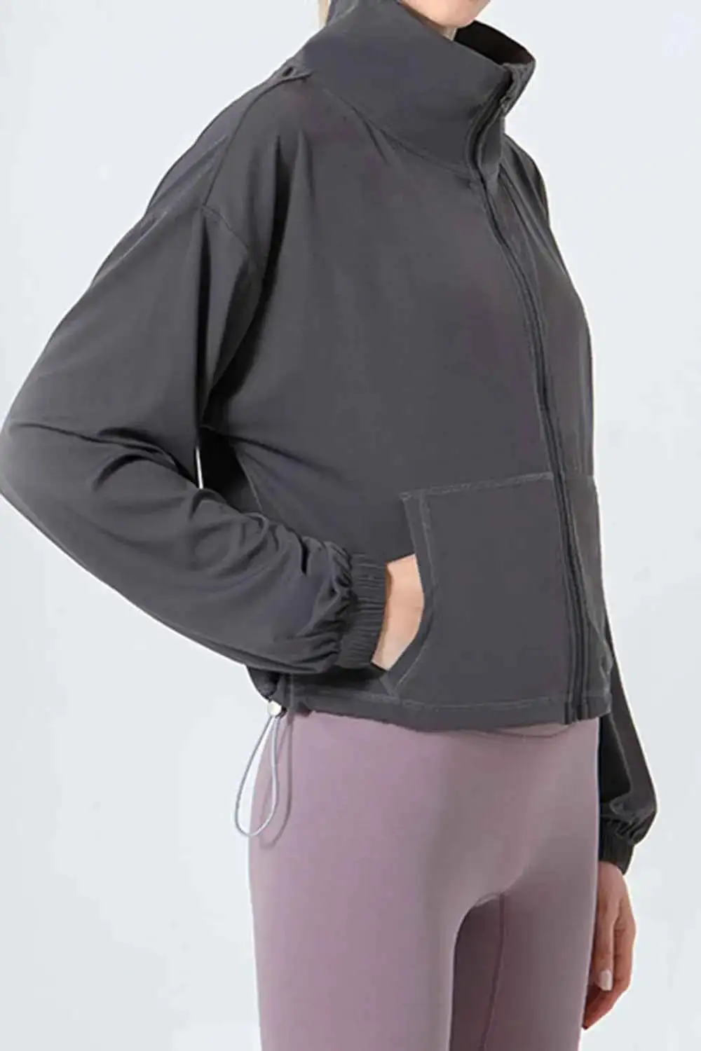 Drawstring Zip-Up Dropped Shoulder Active Outerwear
