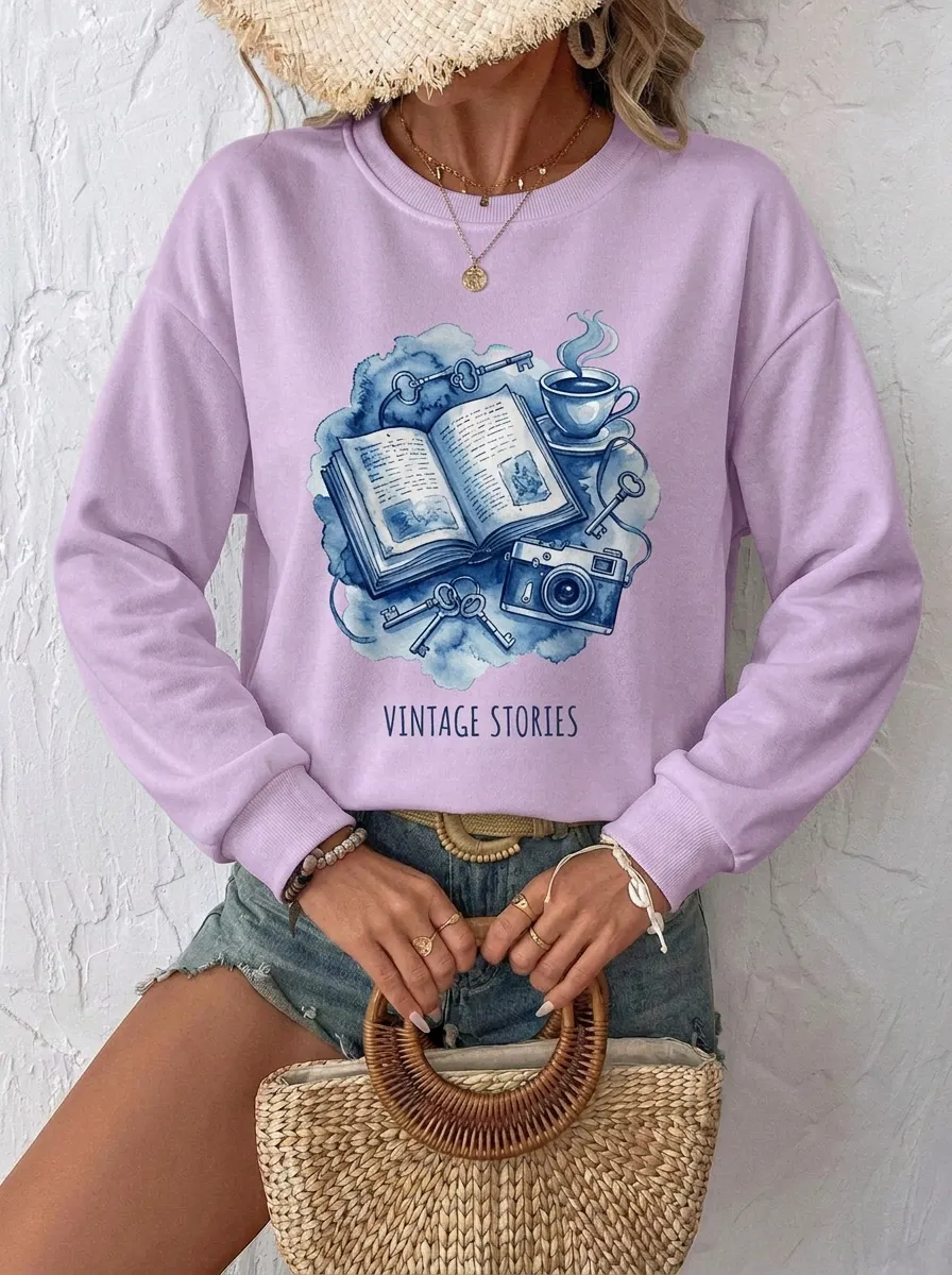 Women's Book Vintage Stories Camera Graphic Sweatshirt