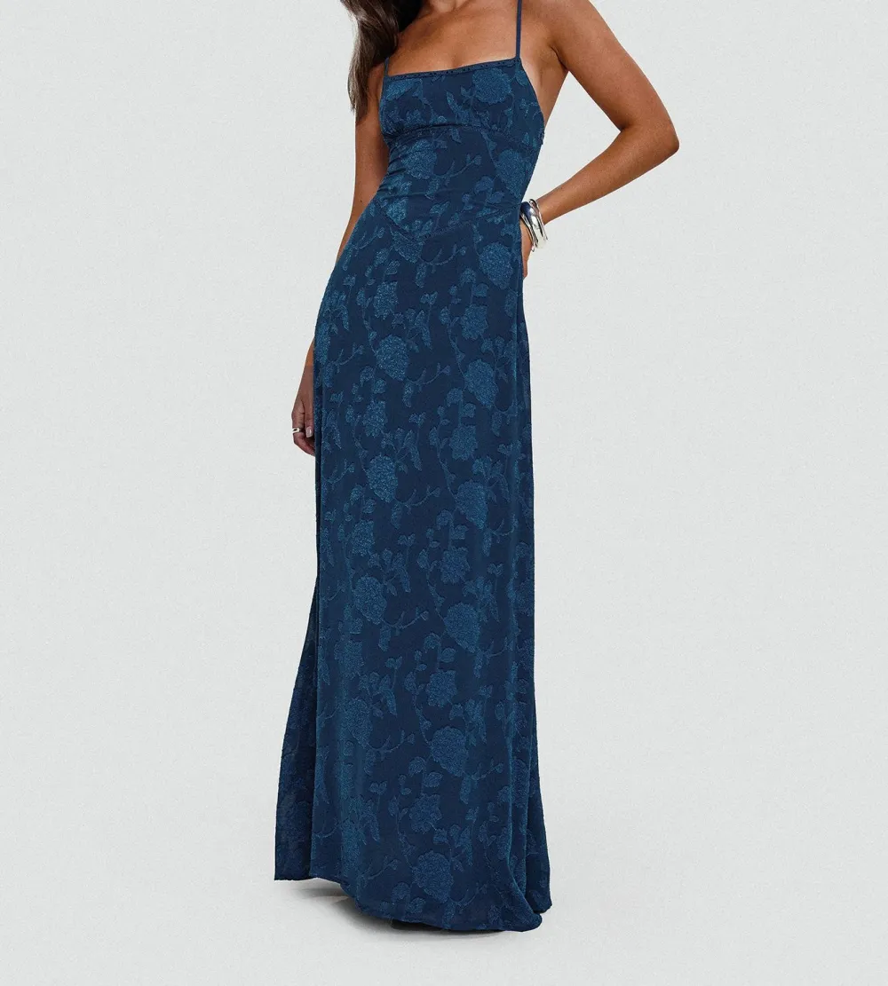 Navy Lace-Up Floral Maxi Dress