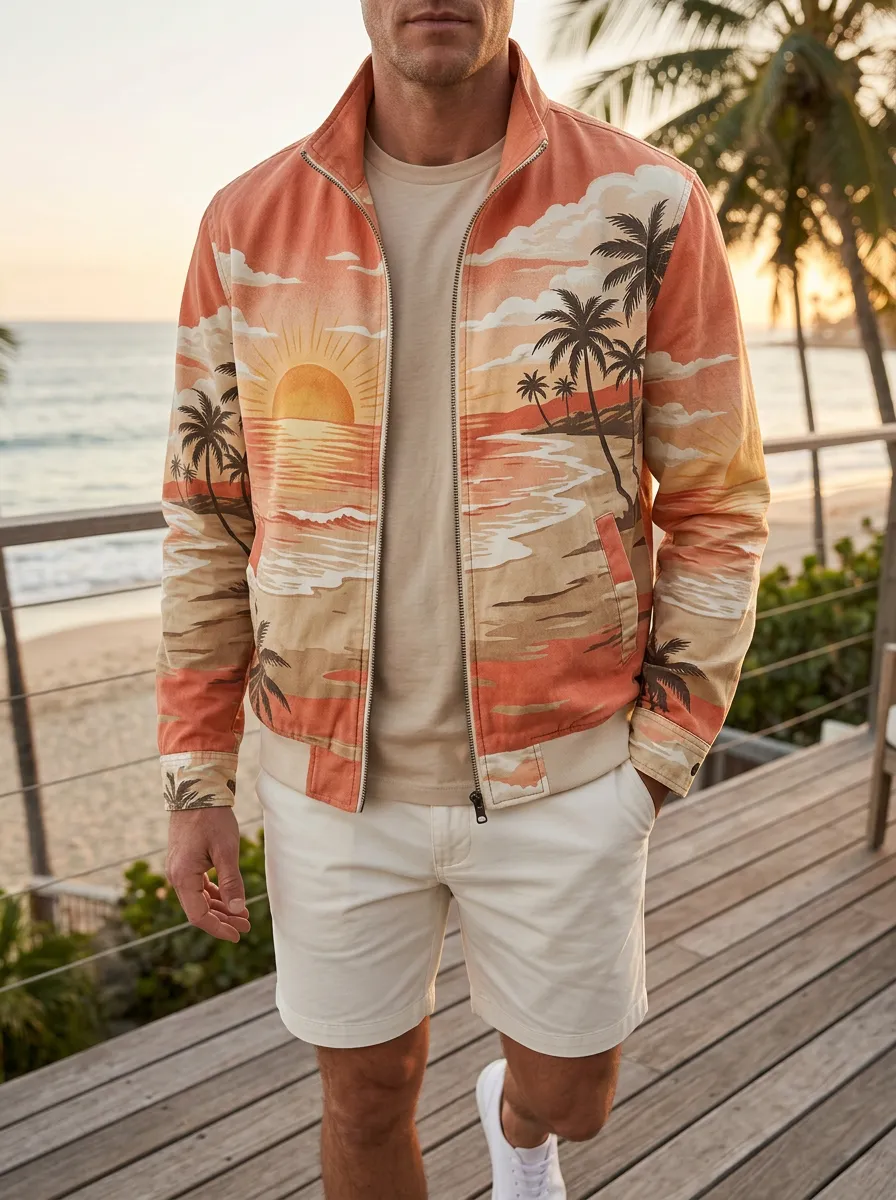 Men's Tropical Beach Sunset Palm Tree Rugged Terrain Jacket