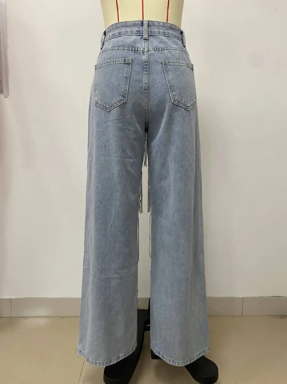 High-waist Fringe Detail Wide-leg Jeans