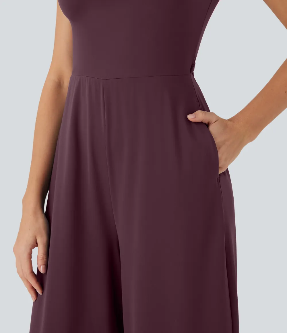 SoftlyZero Airy Short Sleeve Wide Leg Cool Touch Yoga Jumpsuit with Pockets-Easy Peezy Edition