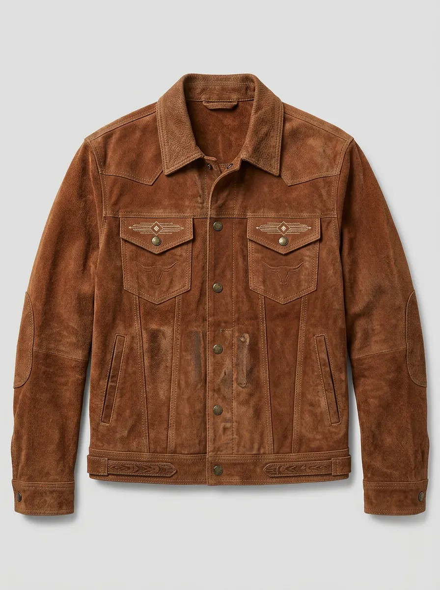 Men's Western Cowboy Bull Embroidery Suede Printed Jacket