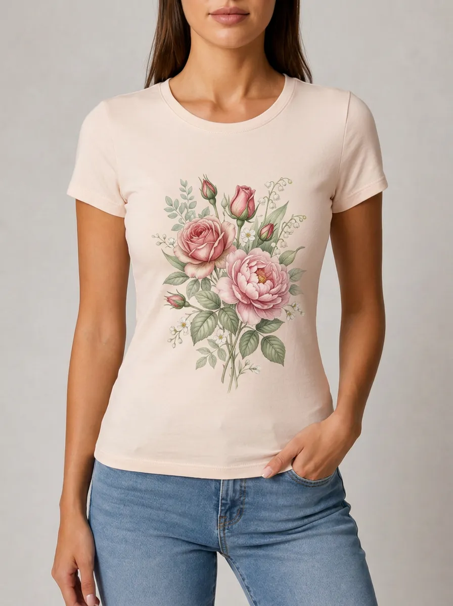 Women's Botanical Lover Pink Rose Floral Printed T-shirt