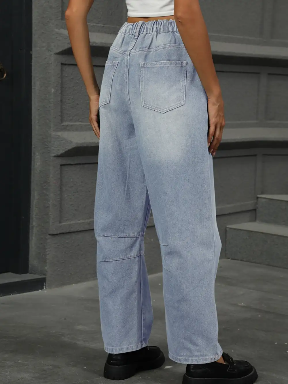 Straight Leg Elastic Waist Denim Jeans